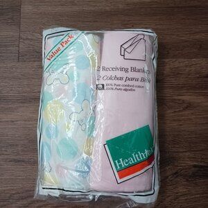New Vintage Healthtex 2 Receiving Blankets Bunny Polka Dots Pink USA